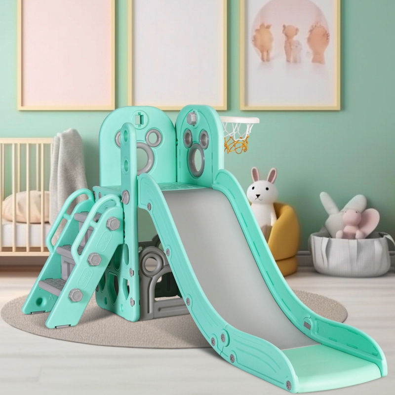 Kids Slide L-Shaped, 4 in 1 Slide Climber for Toddler, with Ball u0026 Hoop, Storage Space and Non-Slip