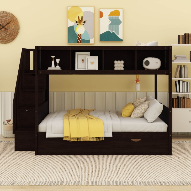 Kids Twin Over Full Bunk Bed with Shelves, Storage Staircase and 2 Drawers