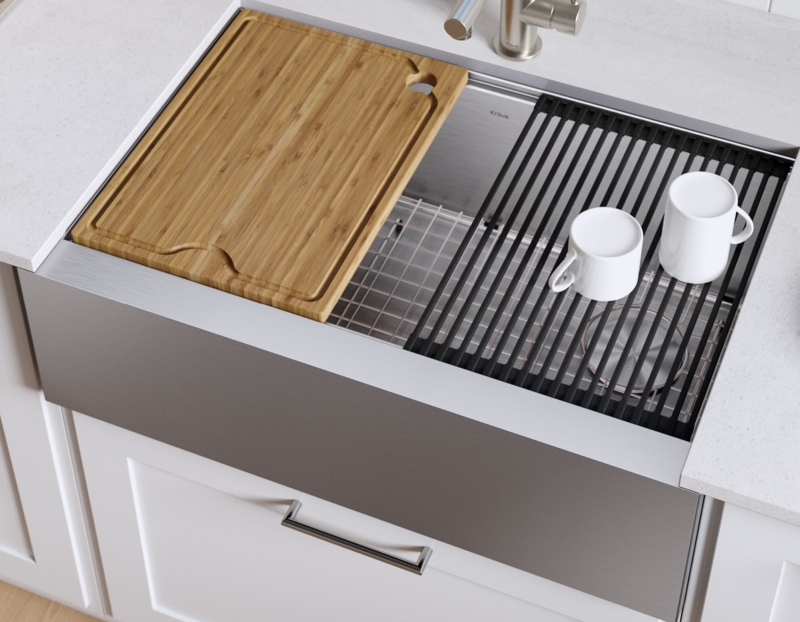 KRAUS Kore Workstation 33-inch L Farmhouse Flat Apron Front 16 Gauge Single Bowl Stainless Steel Kitchen Sink