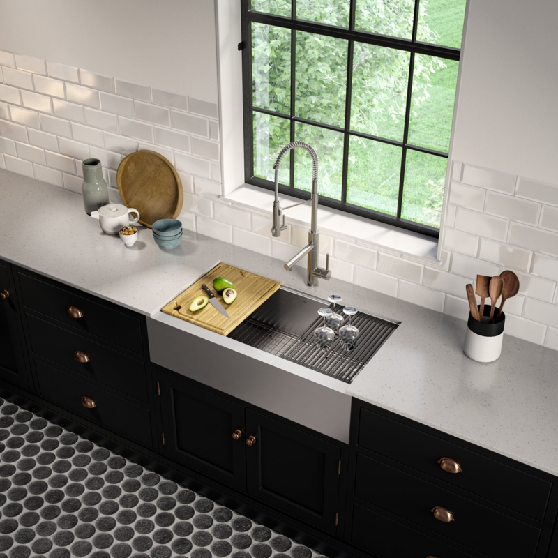 KRAUS Kore Workstation 36-inch L Farmhouse Flat Apron Front 16 Gauge Single Bowl Stainless Steel Kitchen Sink