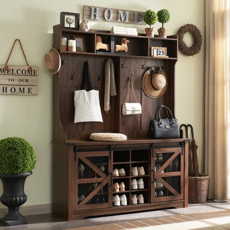 Krischan Hall Tree 59" Wide Farmhouse Entryway Bench with Coat Rack, Bench and Shoe Storage
