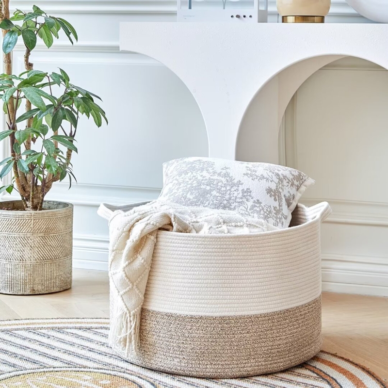 Large Cotton Rope Basket, Blanket Basket for Living Room, Baby Laundry Blanket Basket with Handle