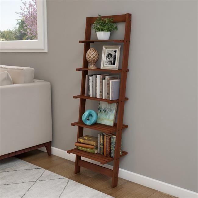 Lavish Home 80-15-5-WAL 5-Tier Ladder Bookshelf Leaning Decorative Shelves For Display Wood Accent Home Decor, Walnut