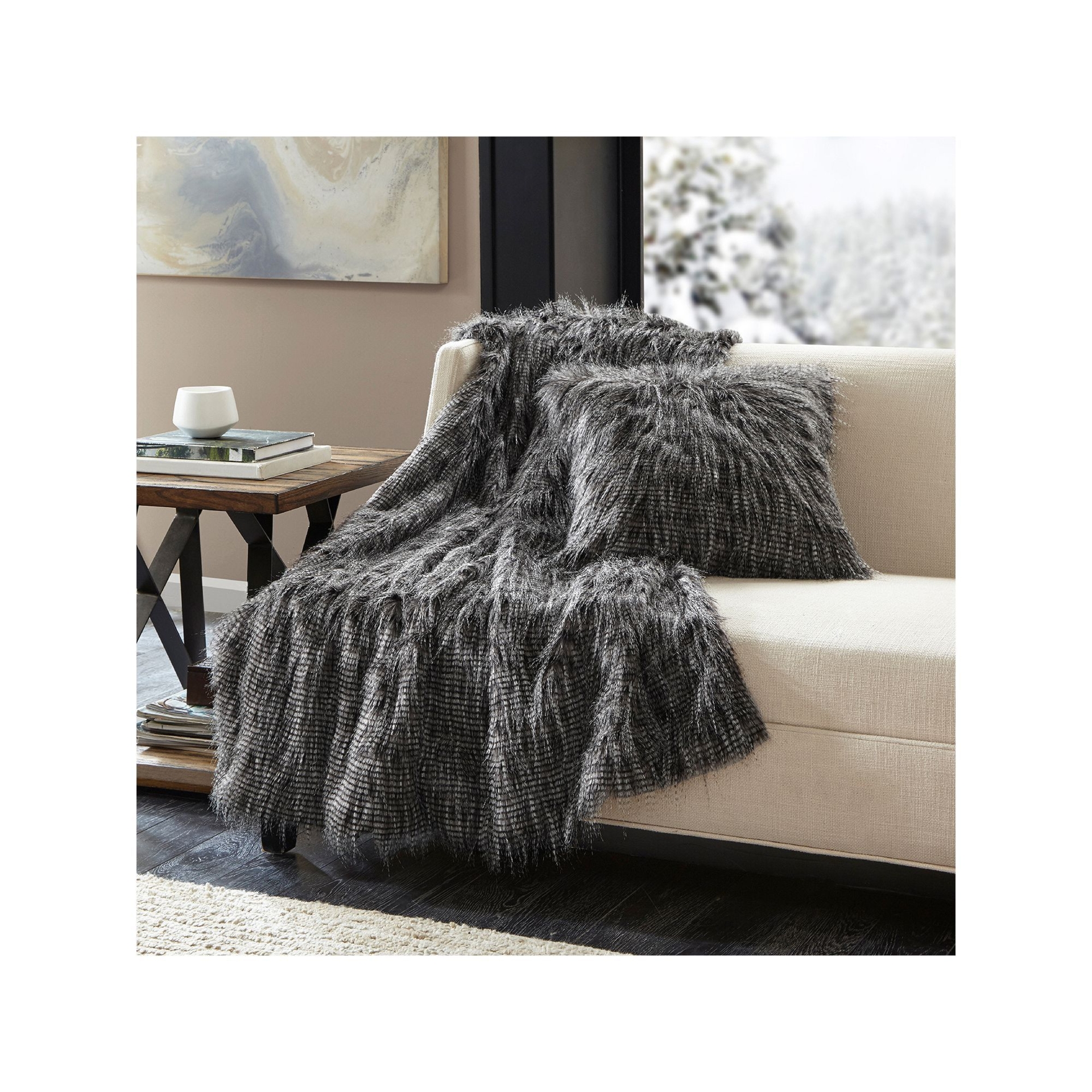 Madison Park Edina Faux Fur Throw Blanket, Black