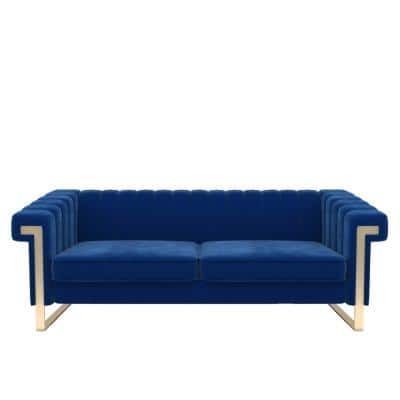 Magic Home 83.86 in. Transitional Square Arm Velvet Straight Sofa with Removable Cushion in Blue