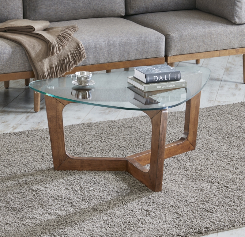 Menasha Triangular Glass Top Wood Frame Coffee Table