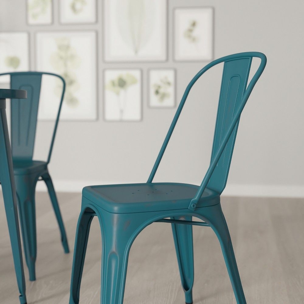 Merrick Lane Banks Indoor/Outdoor Kelly Blue-Teal Stacking Metal Dining Chair with Single Slat Back and Distressed Powder Coated Finish