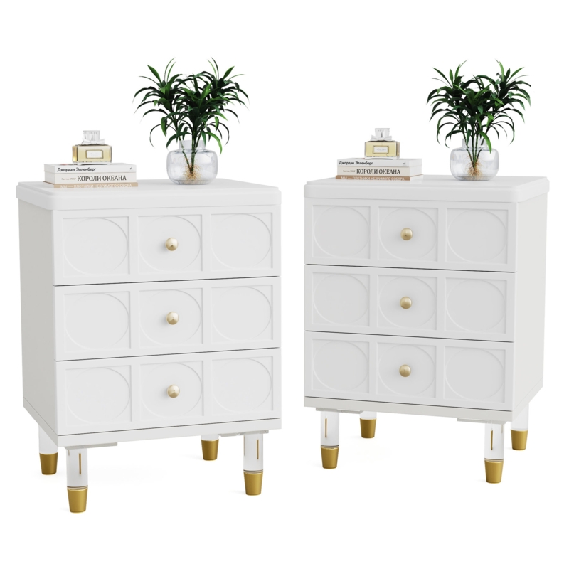 Merva 3-Drawer White Gold Nightstand Set for Bedroom