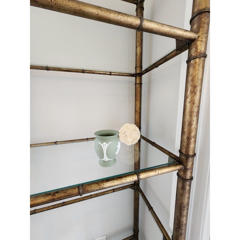 Mid 20th Century Vintage Faux Bamboo Gold Tone Metal Frame Glass 6 Tier Book Shelf Etagere