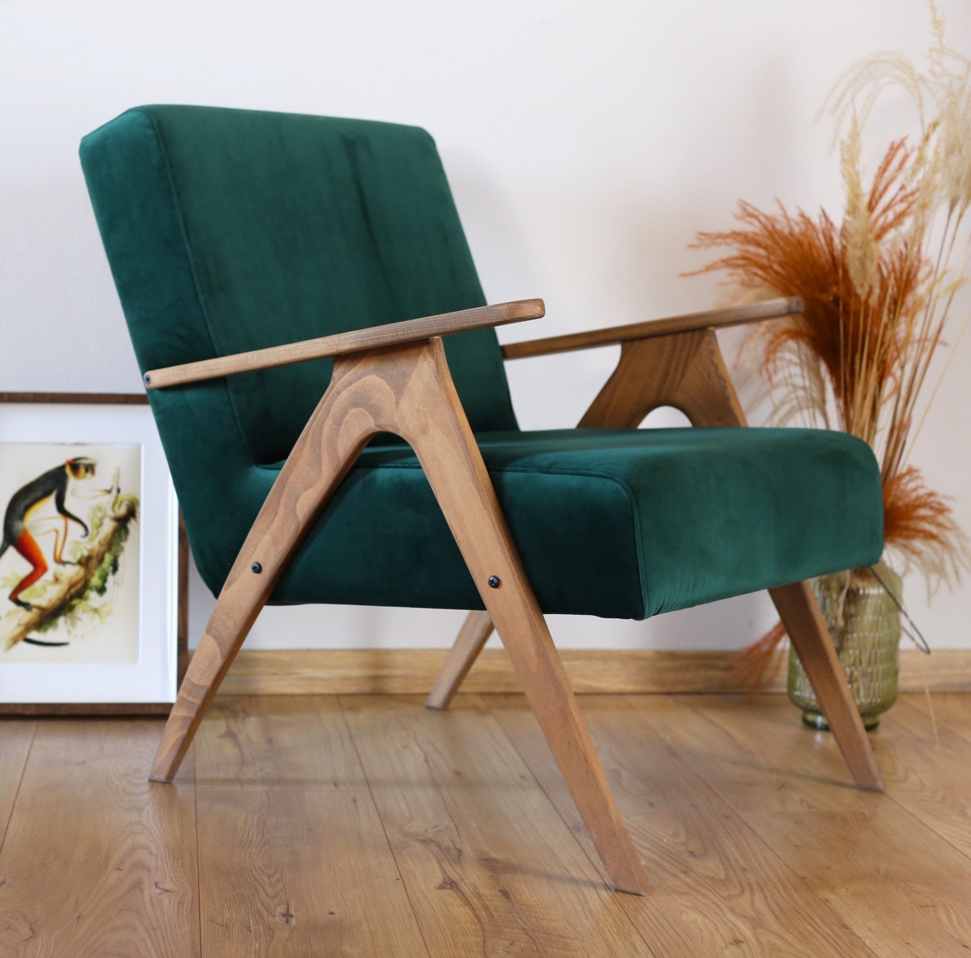 Mid Century Armchair - Velvet Green Chair, Retro Armchair, Small Comfy Armchair, Bedroom Armchair, Wood Frame Chair, Office Armchair