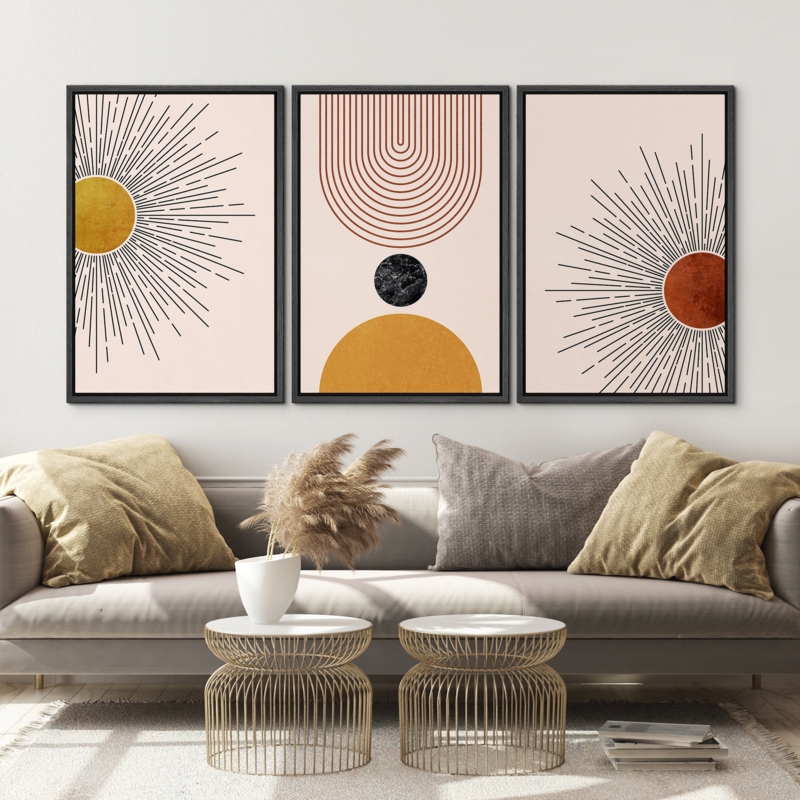 Mid Century Modern Boho Bright Nordic Abstract  Living Room Framed Canvas 3 Pieces Print Wall Art