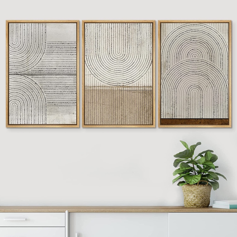 Mid Century Modern Boho Grunge Circle Polygon Collage Abstract Geometric Cozy Neutral Minimalism - 3 Piece Floater Frame Graphic Art Set on Canvas
