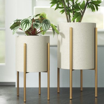 Mid-Century Yellow Metal Outdoor Planter | Joss & Main Stacia 2-Piece Metal Pot Planter Metal in Yellow / Brown, Size 23.0 H x 12.5 W x 12.5 D in | Wayfair