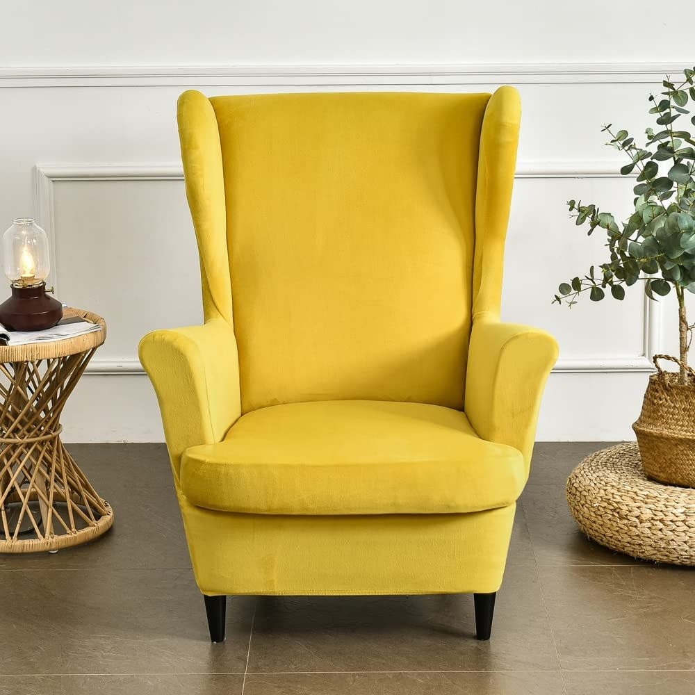 MIFXIN Wing Chair Slipcover 2 Piece Set Velvet Stretch Wingback Chair Cover with Cushion Cover Soft Washable Armchair Furniture Protector for Living Room Bedroom (Yellow)