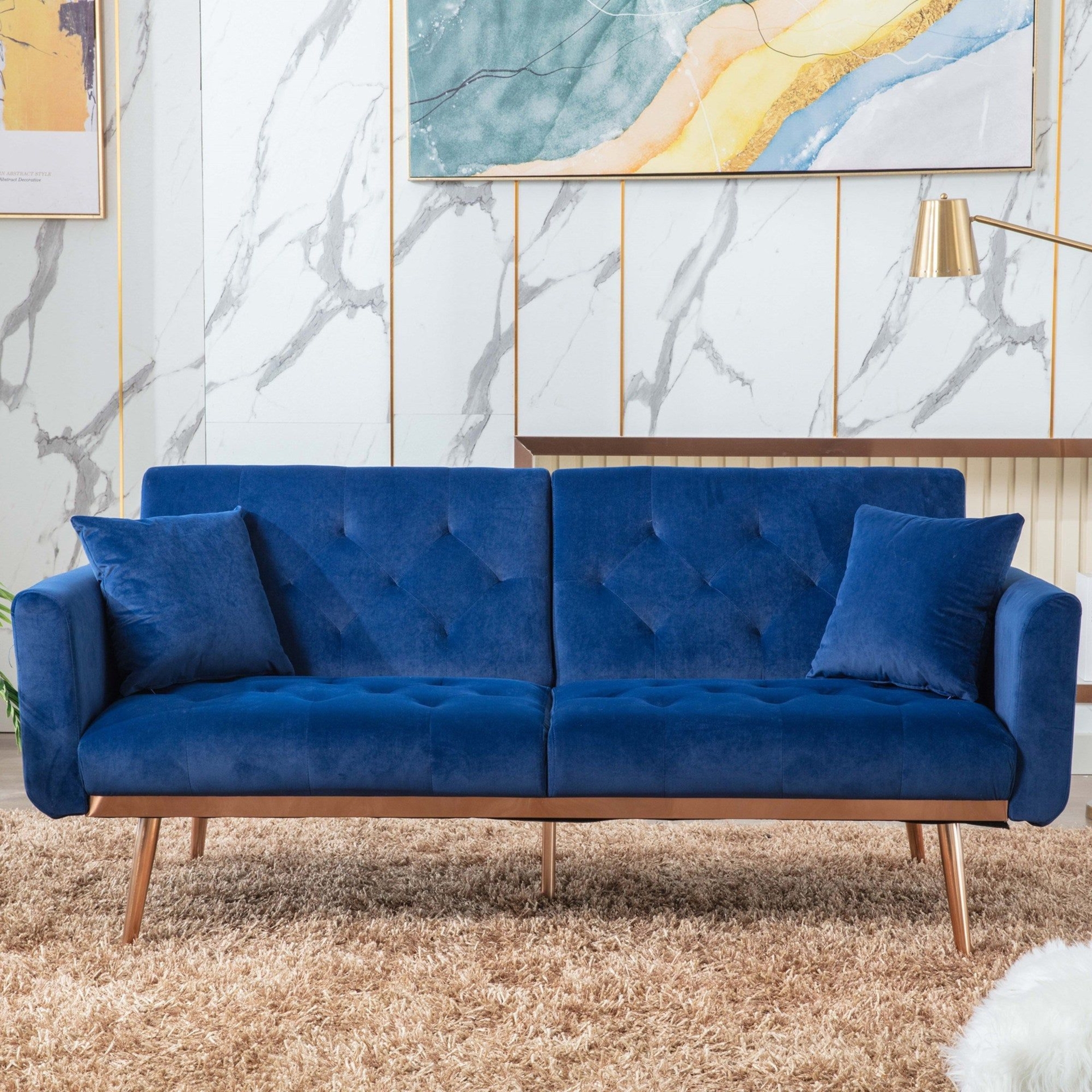 Modern Convertible Tufted Velvet Sofa Bed Loveseat with 2 Pillows