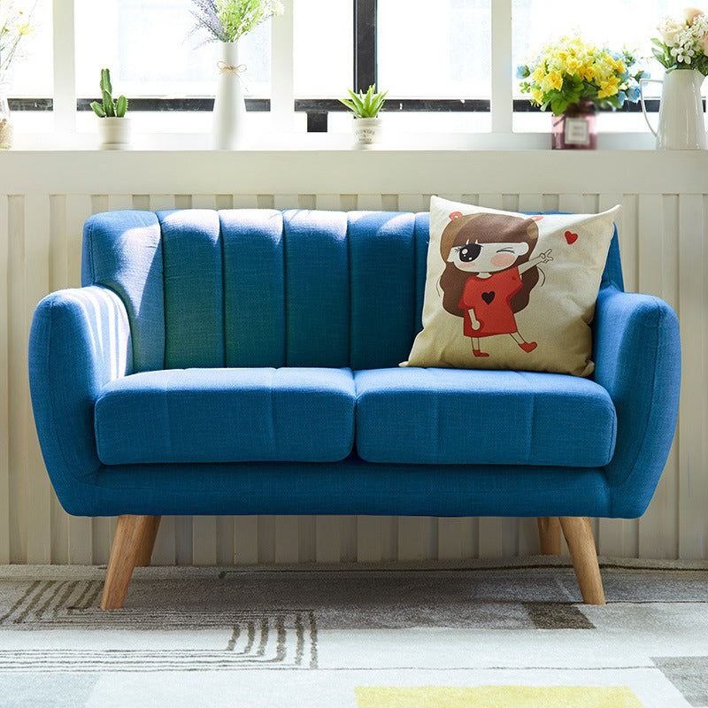 Modern Cotton Blend Loveseat Sewn Pillow Back Square Arm Settee - 47L x 29.5W x 30H / Blue