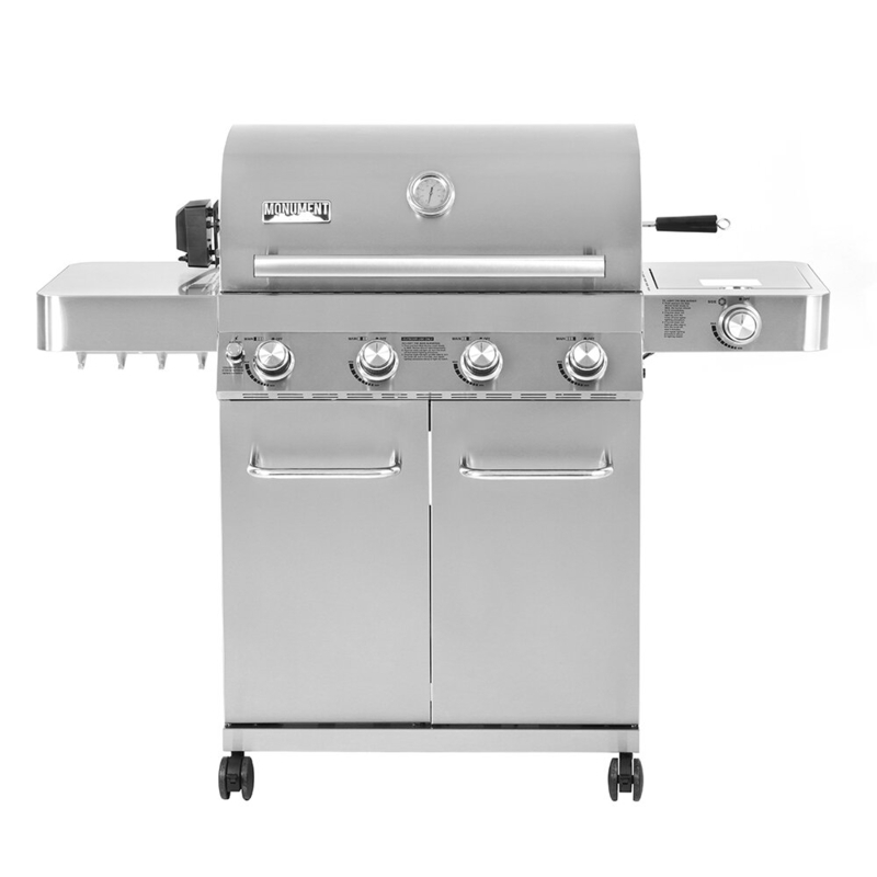 Monument Grills 4-Burner Propane Gas Grill with Rotisserie Kit, Side Burner, Stainless Steel