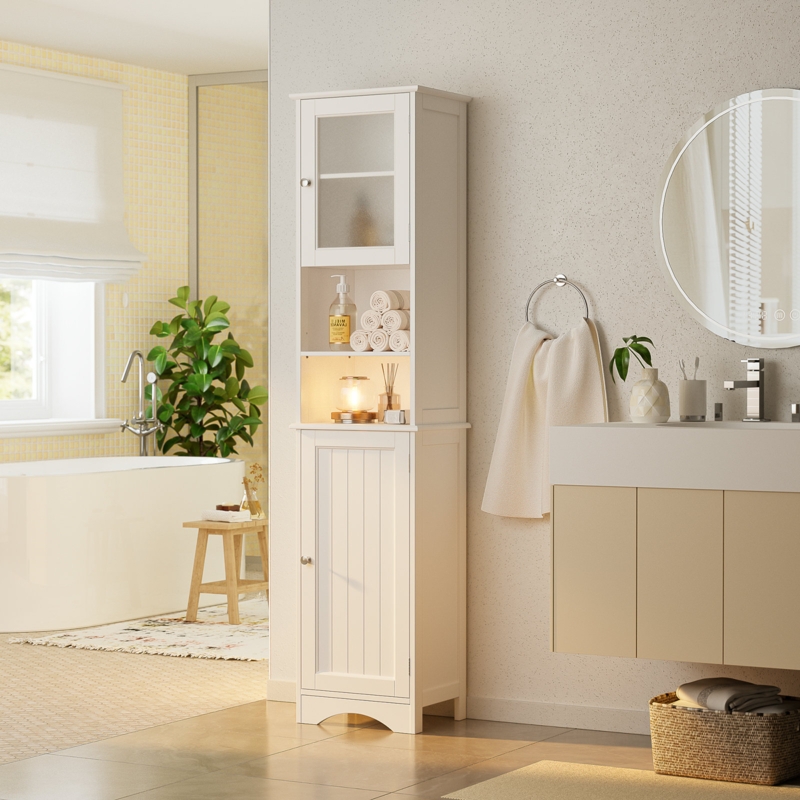 Natyra Tall Bathroom Storage Cabinet with Adjustable Shelves and Open Shelves