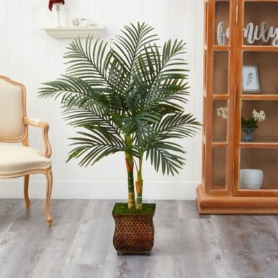 Nearly Natural 50-Inch Golden Cane Artificial Palm Tree In Metal Planter, Green