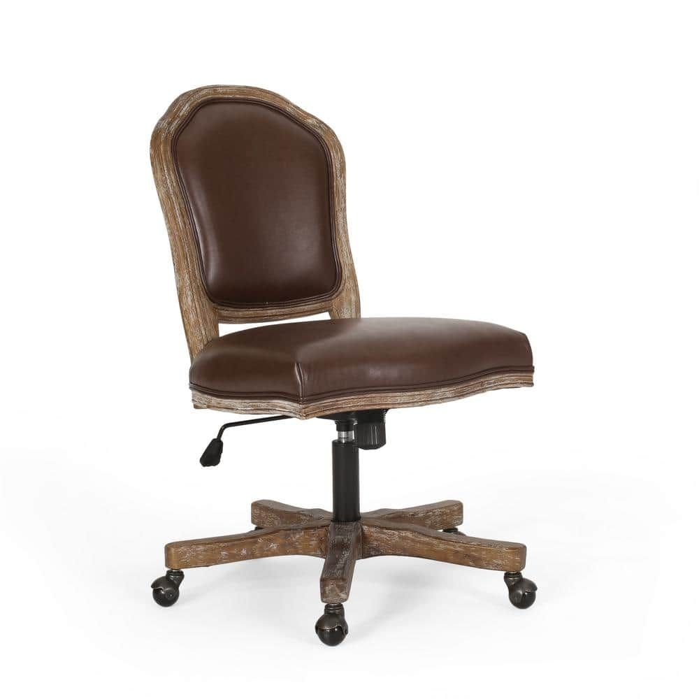 Noble House Tilton Dark Brown and Natural Upholstered Swivel Office Chair