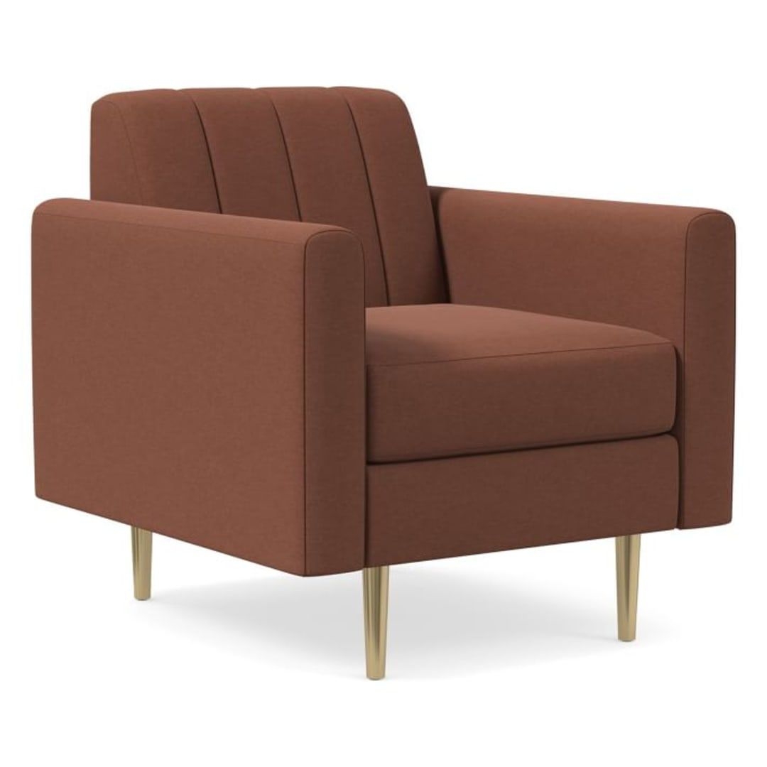 Olive Channel Back Mailbox Arm Chair, Poly, Performance Velvet, Burnt Umber, Antique Brass