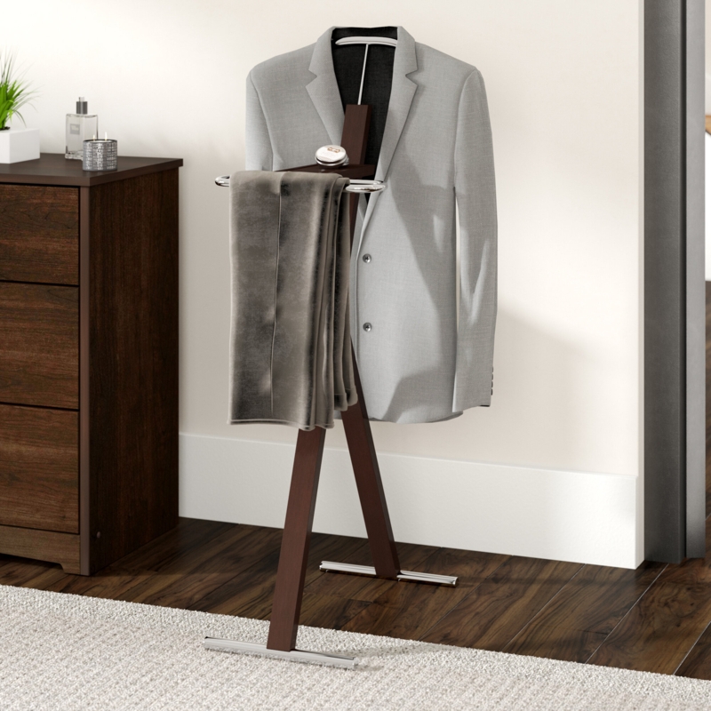 Painesville Valet Stand, Organizer, Suit Rack, Bedroom, Wood, Metal, Brown, Chrome, Contemporary, Modern