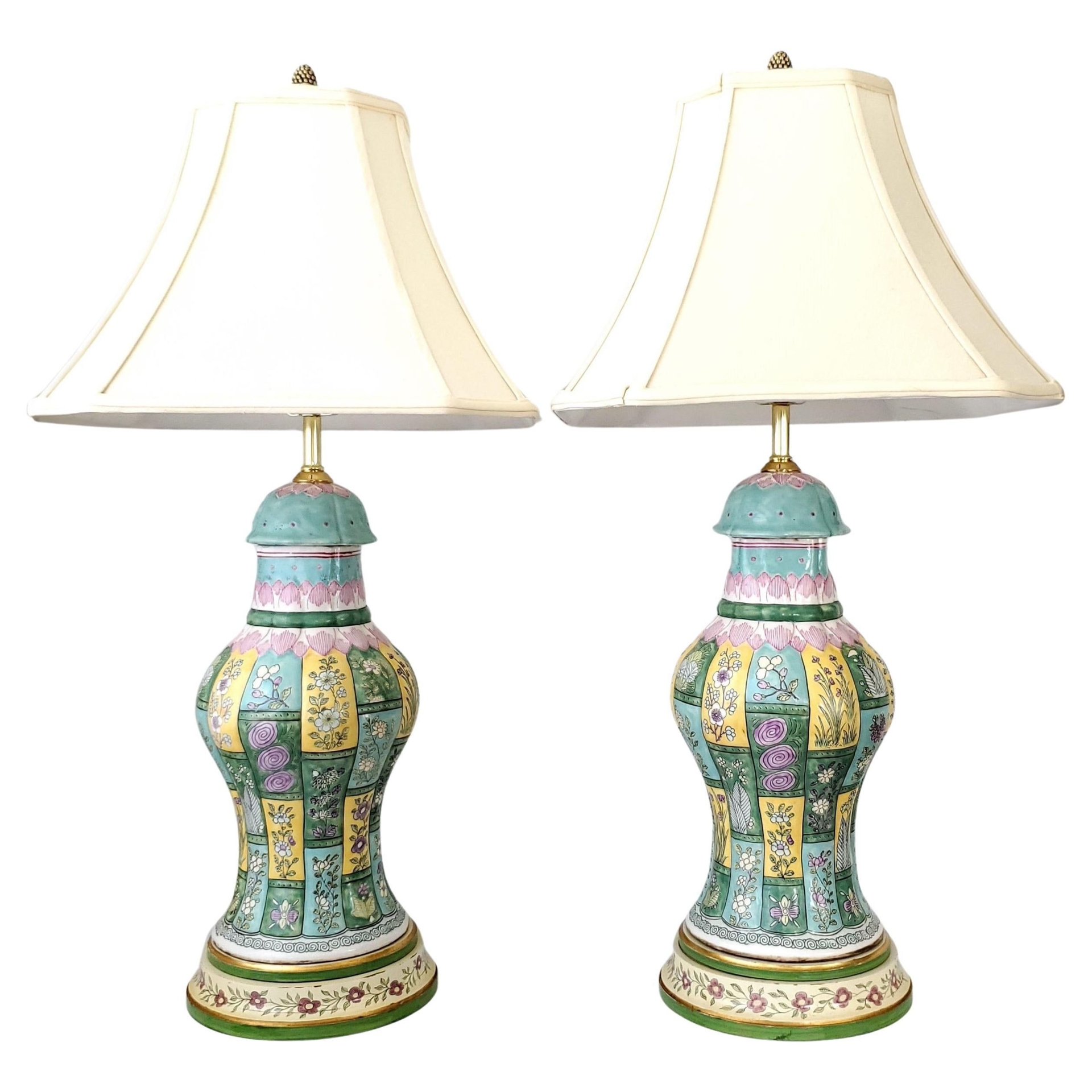 Pair Of Vintage Chinese Porcelain Baluster Table Lamps With Linen & Silk Shades