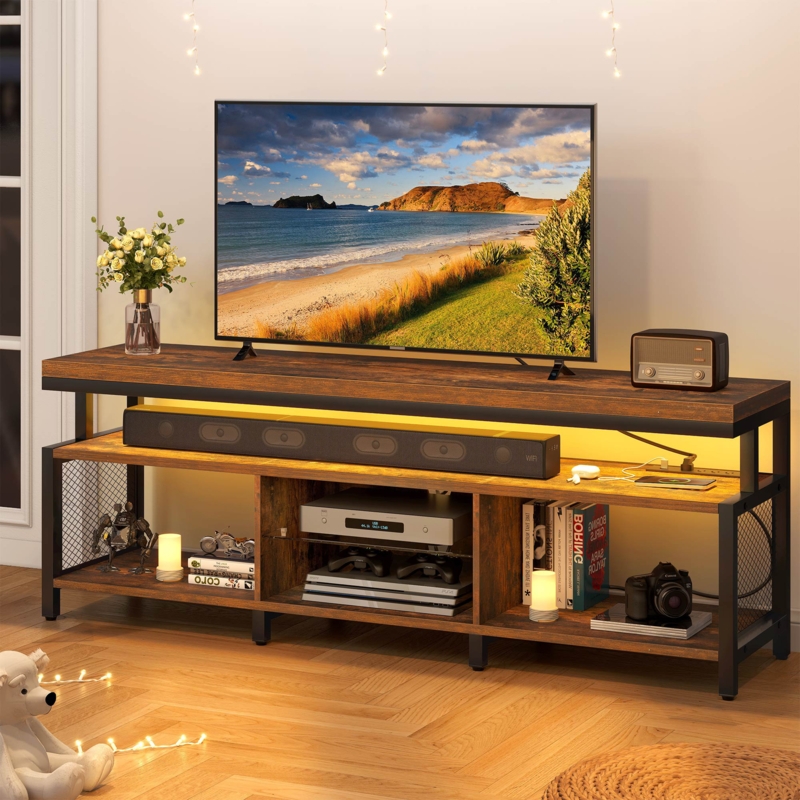 Palermo LED TV Stands w/Power Outlets for 70" Modern Entertainment Center w/Open Storage