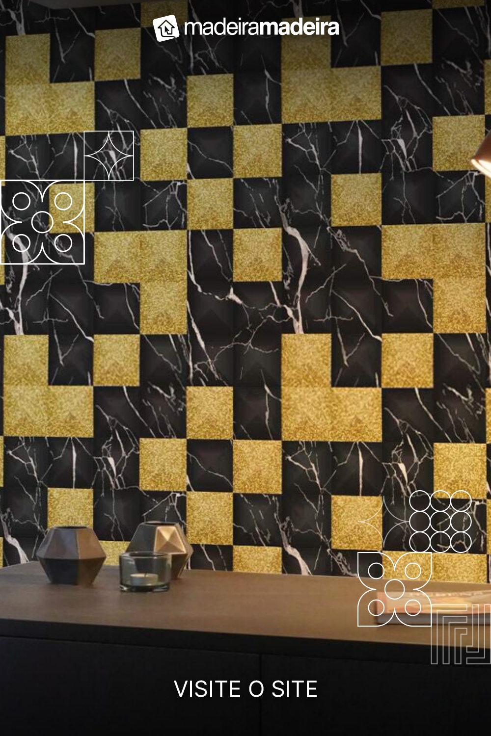 Papel de Parede Mrmore Geomtrico Preto com Dourado-60x300cm