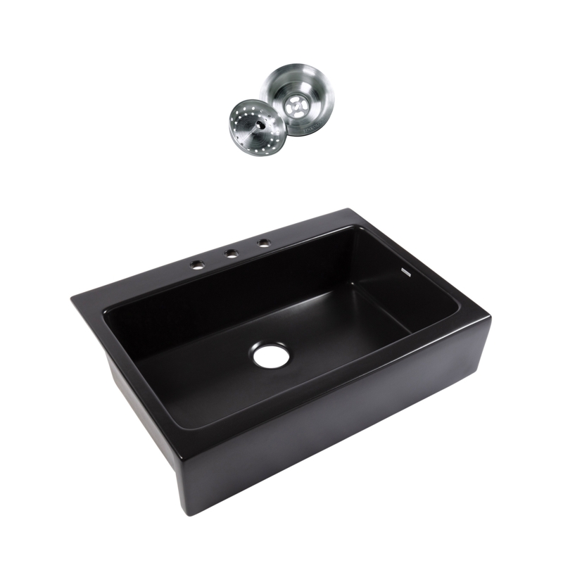 Parker Matte Black Fireclay 34 Single Bowl Quick-Fit Farmhouse Apron Front Drop-in Kitchen Sink