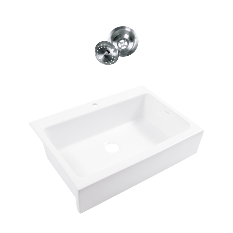 Parker White Fireclay 34" Single Bowl Quick-Fit Farmhouse Apron Front Drop-in Kitchen Sink