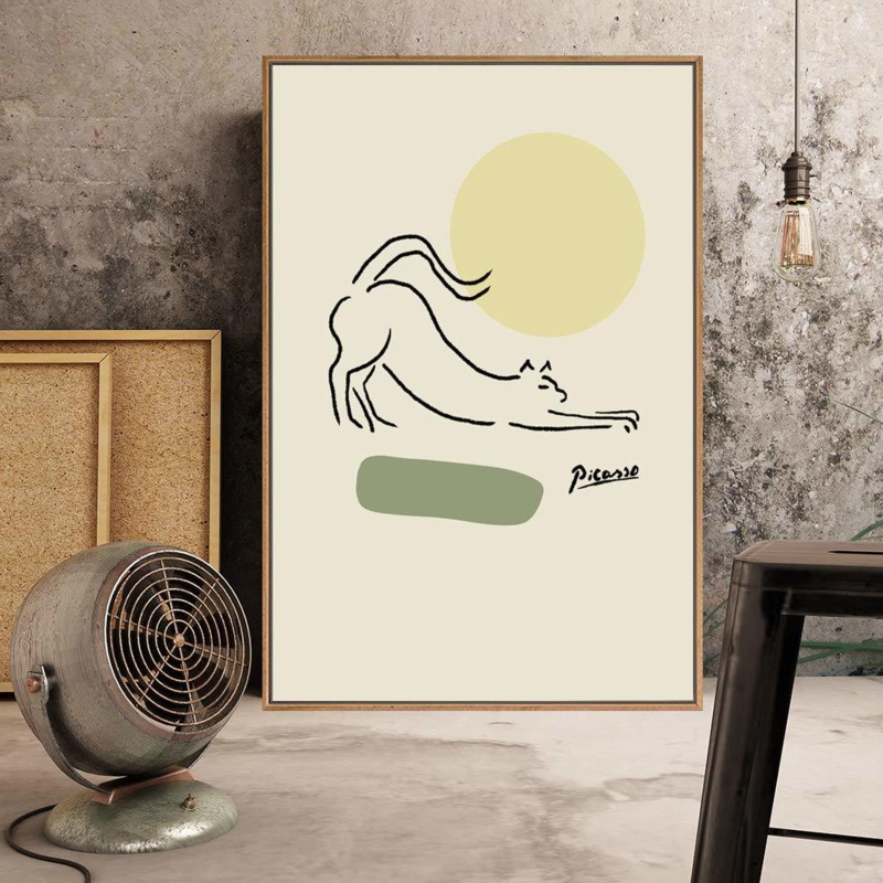 Picasso Stretching Cat With Green Circles Minimalist Art Framed On Canvas Print