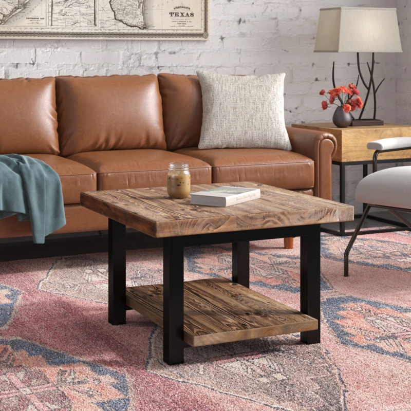 Pomona 27" Wide Rustic Industrial Solid Wood And Metal Frame Square Coffee Table With A Shelf