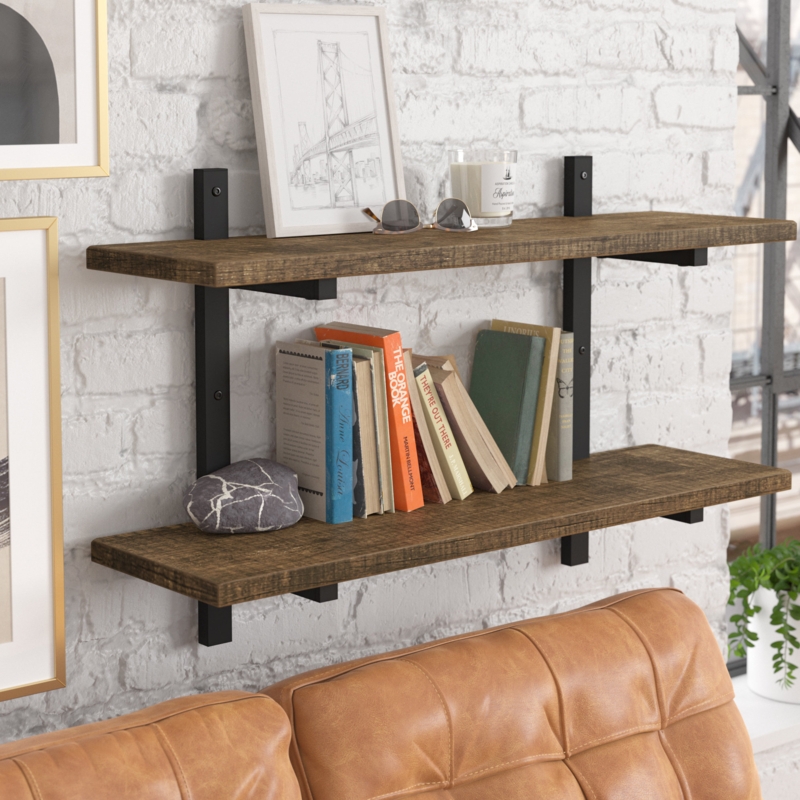 Pomona 36" Wide Rustic Industrial Solid Wood and Metal Frame Wall Mounted Tiered Shelf With Storage