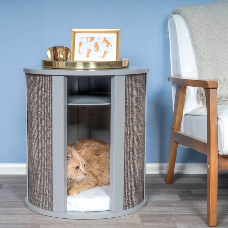 Purrrrfect End Table Cat Bed - Wood Cat Furniture Nightstand, Replaceable Scratch Pad & Cushion