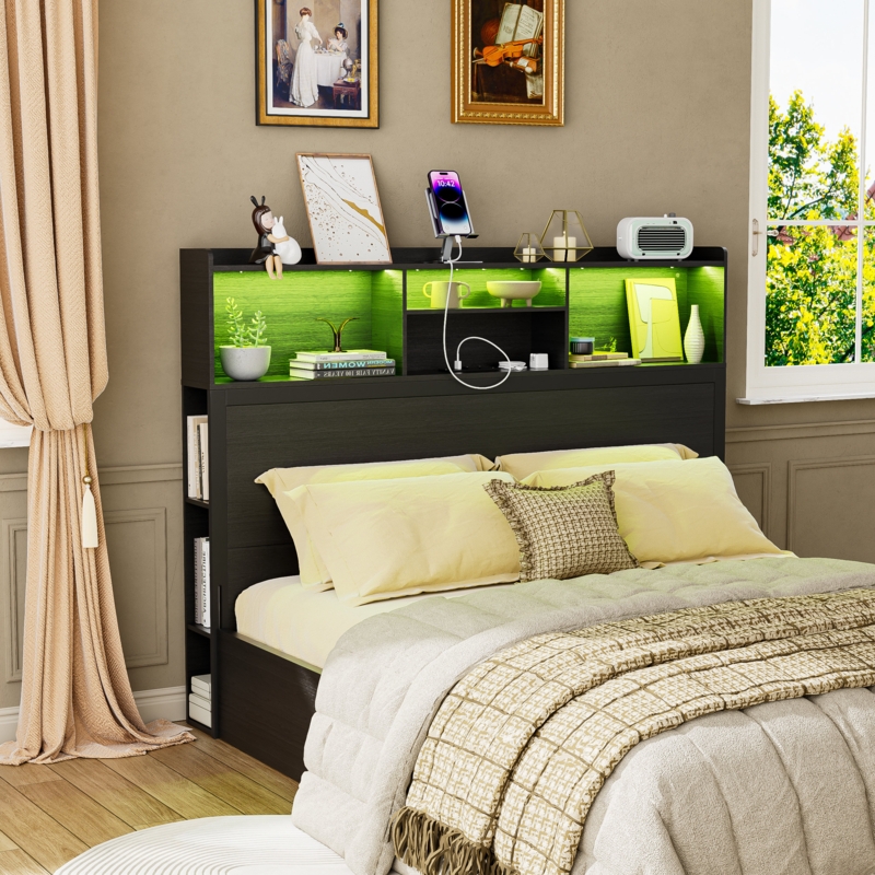 Queen Storage Headboard, 62" Bookcase Headboard With Charging Station & Led Lights