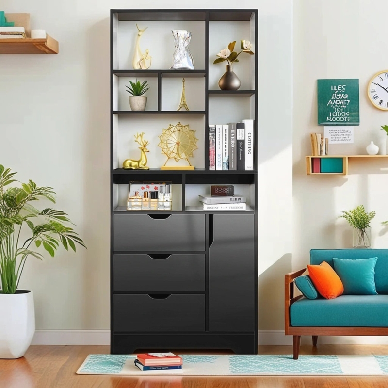 Quiera 71" Tall Storage Bookcase Bookshelf with Shelves, Door and 3 Drawers