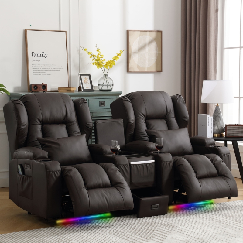 Recliner Chair Set with Multi-Functional Console, LED Light/Cup Holders/Charging/Free Pillows