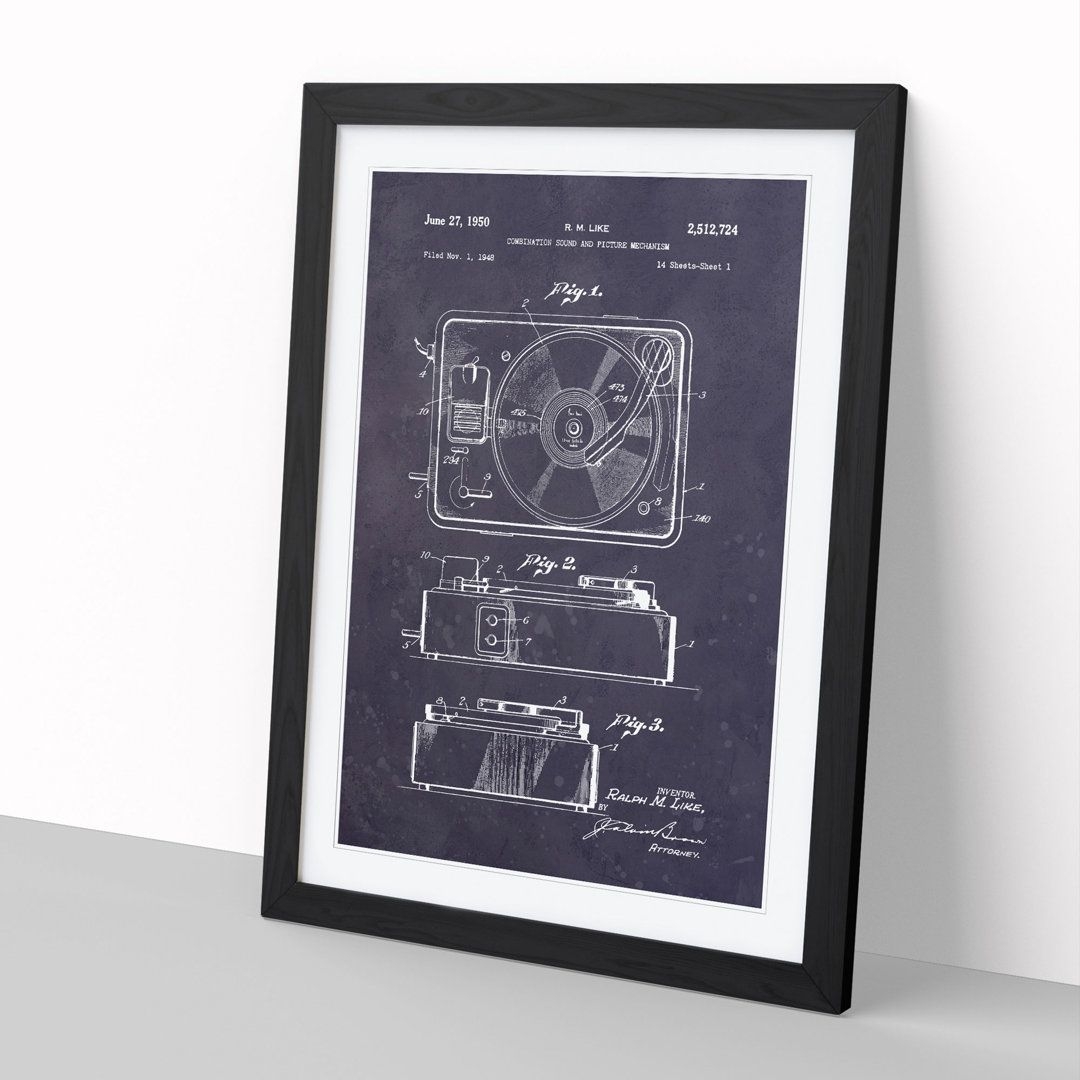 Record Player Patent Dark - Picture Frame Graphic Art on MDF