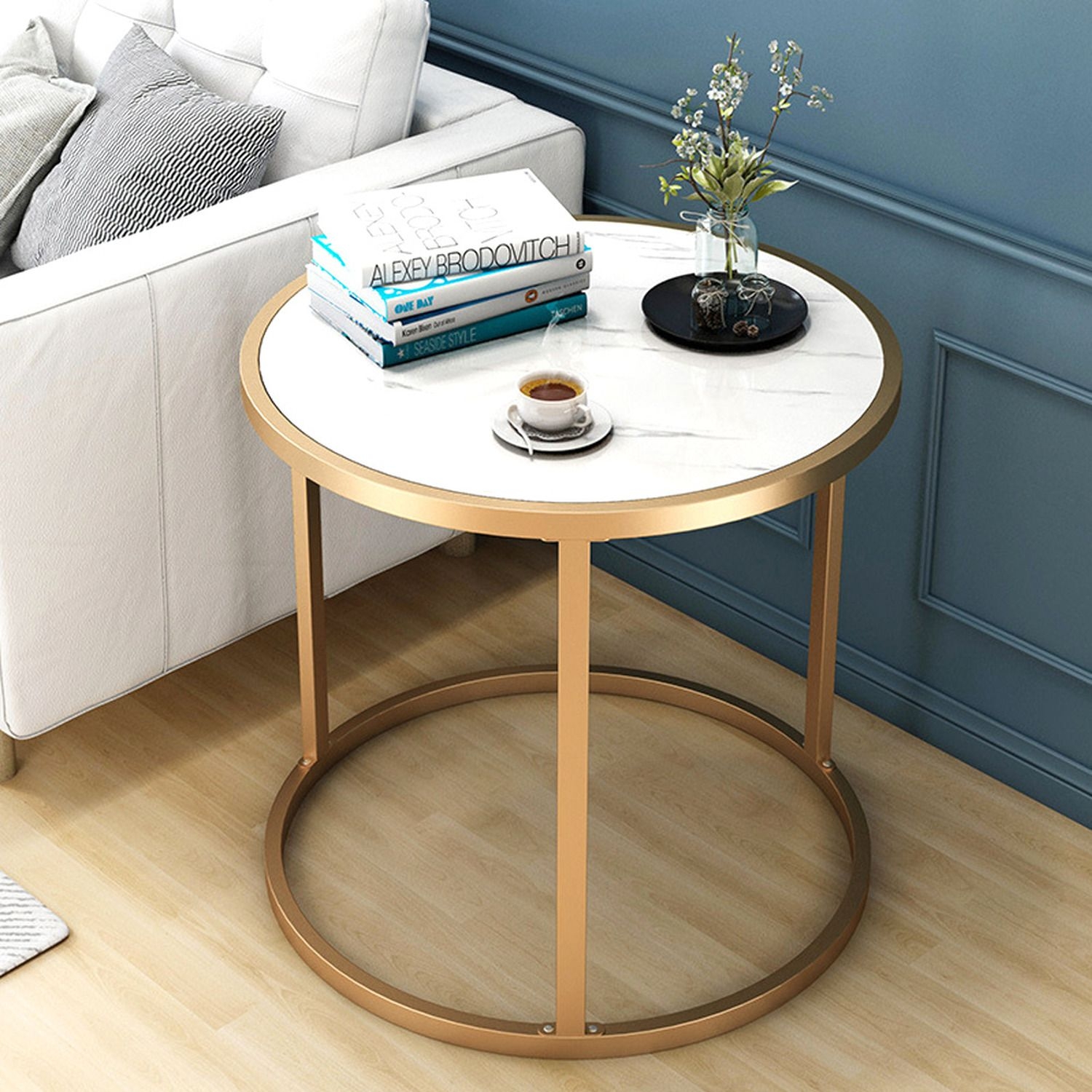 Round Nesting Table With Golden Metal Frame Home Furniture - Gold / 4.1kg
