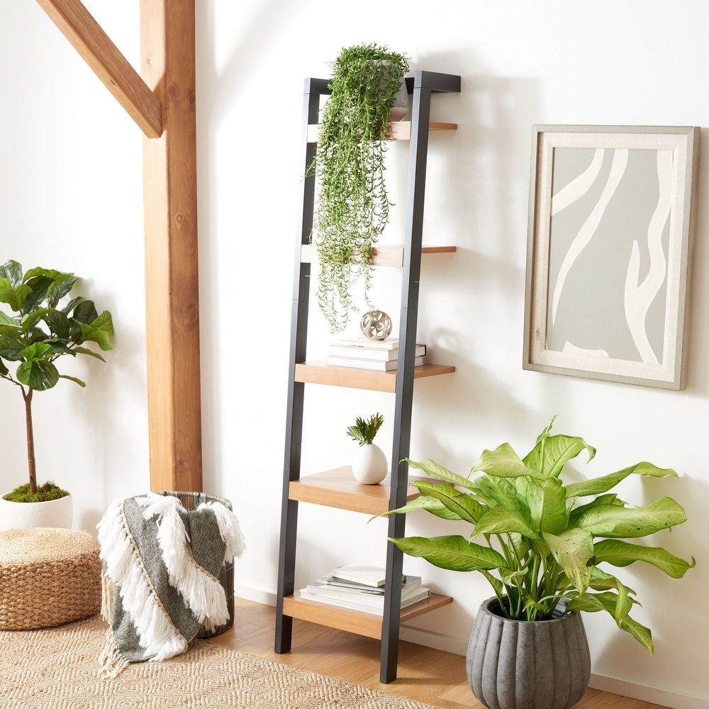 SAFAVIEH Yassi Natural/Charcoal 5-Tier Leaning Etagere - 18.1" W x 11" L x 72.4" H (Natural/Charcoal - 18.1" W x 11" L x 72.4" H), Black