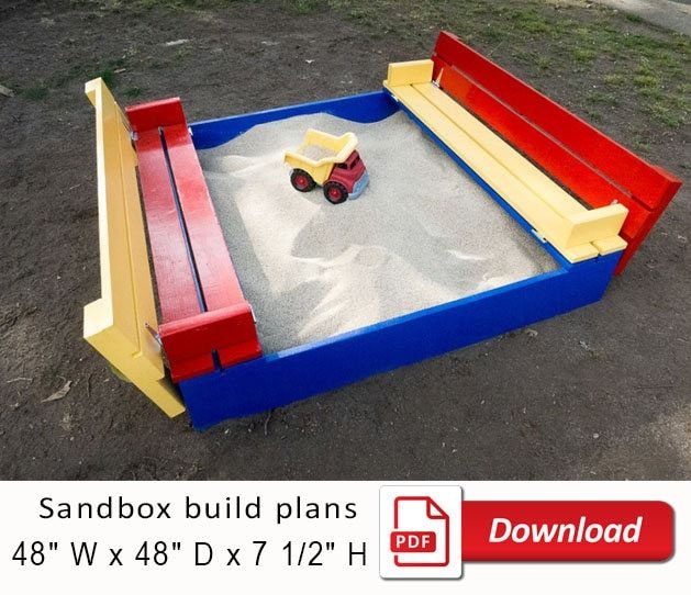 Sand box build plan. Sandbox with bench plan. Sandbox with Cover DIY plan. Outdoor playground equipment plan