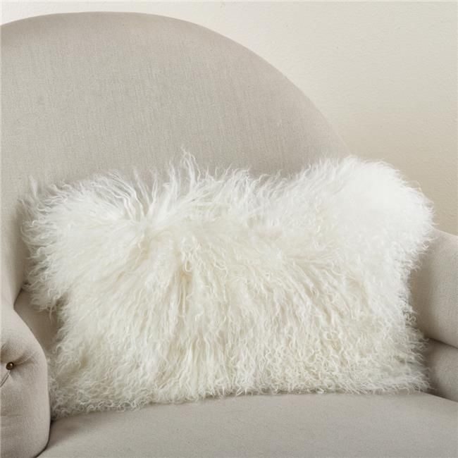 SARO  12 x 20 in. Wool Mongolian Lamb Fur Throw Pillow  Ivory