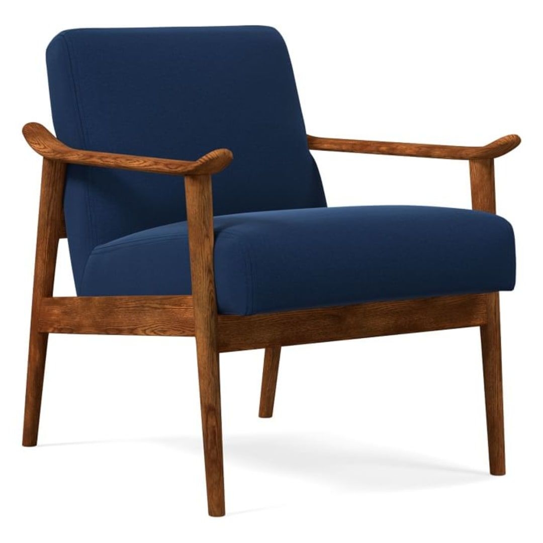 Set of 2 Mid Century Show Wood Chair Poly Astor Velvet Ink Blue Pecan