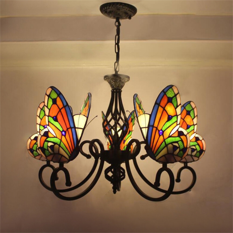Stained Glass Chandelier Light With Butterfly Shaped 27
