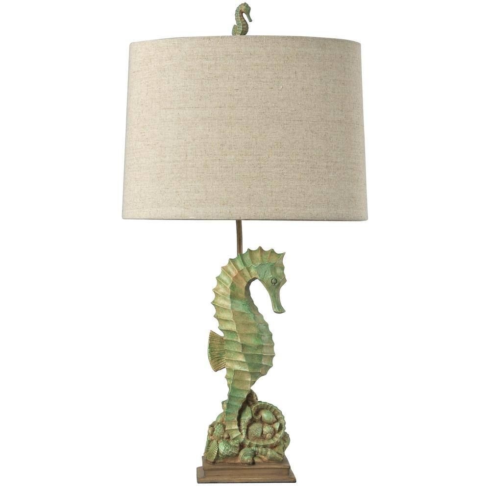 StyleCraft 31 in. Seafoam Green with Hints of Beige and Tan Table Lamp with Oatmeal Fabric Shade