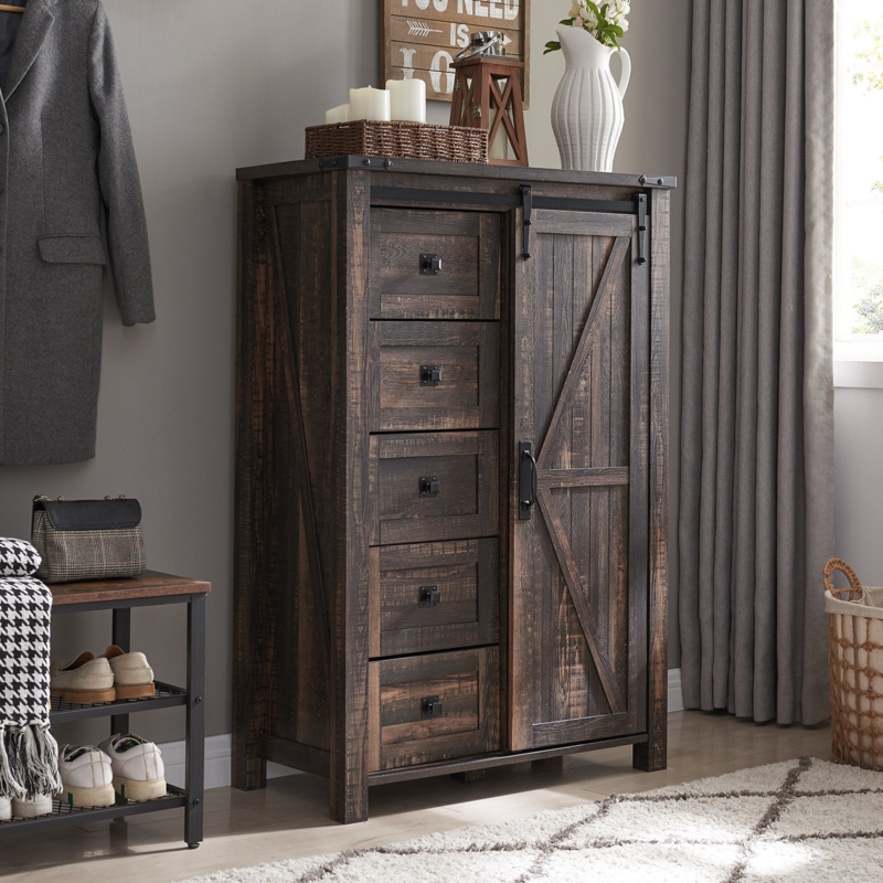 Tarnov Farmhouse 5 Chest of Drawers, Tall Drawers Dresser with Sliding Barn Door