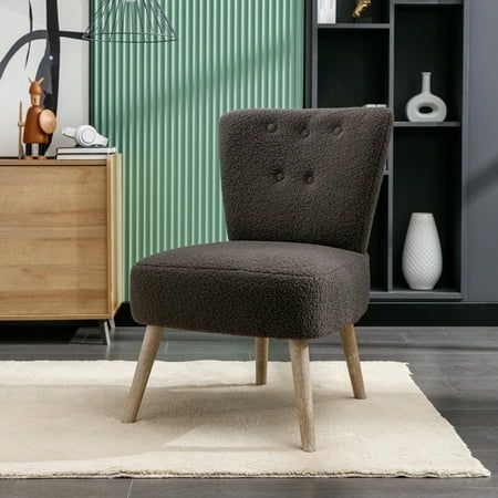 Teddy Fabric Accent Chair,Upholstered Button Slipper Chair With Wooden Legs,Vanity Chair Reception Chair Reading Chair,for Living Room Bedroom Home Office, Size:38", Brown