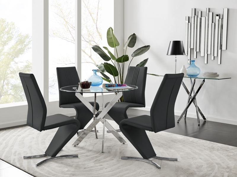 Tierra Sleek Metal and Glass Round Dining Table Set with 4 Faux Leather Upholstered Dining Chairs
