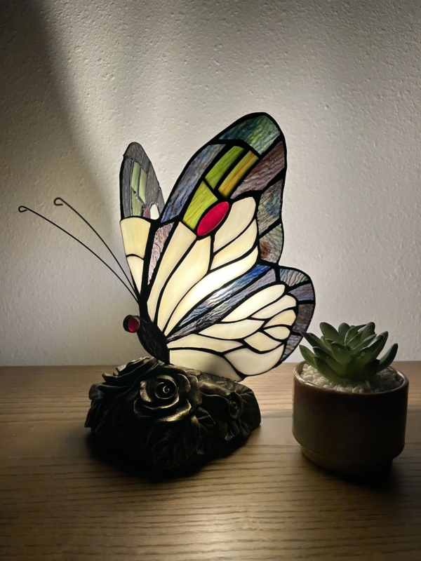 Tiffany Butterfly Mini Night Light Table Lamp White Stained Glass 10"H